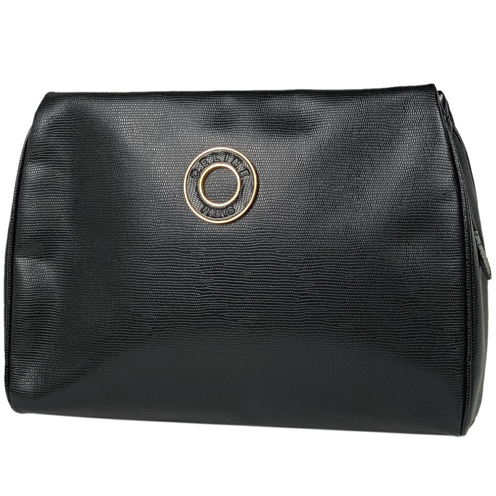 Celine Circle Logo Clutch Bag Shoulder Leather Black